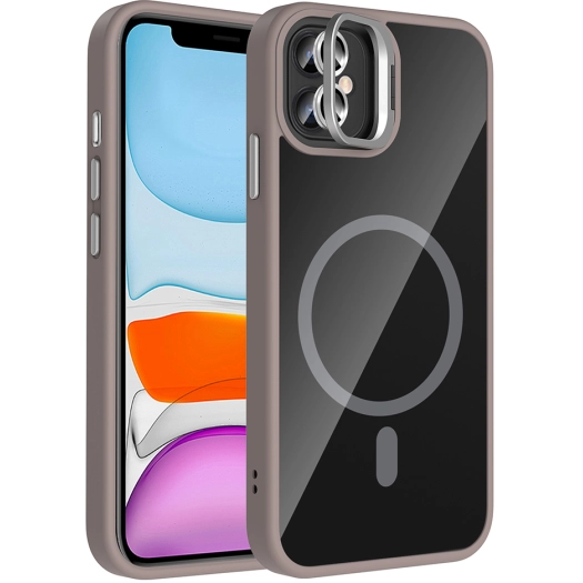 Apple iPhone 11 Kılıf Standlı ve Kamera Lens Hediyeli M-Safe Şarj Özellikli Etro Kapak - Gri