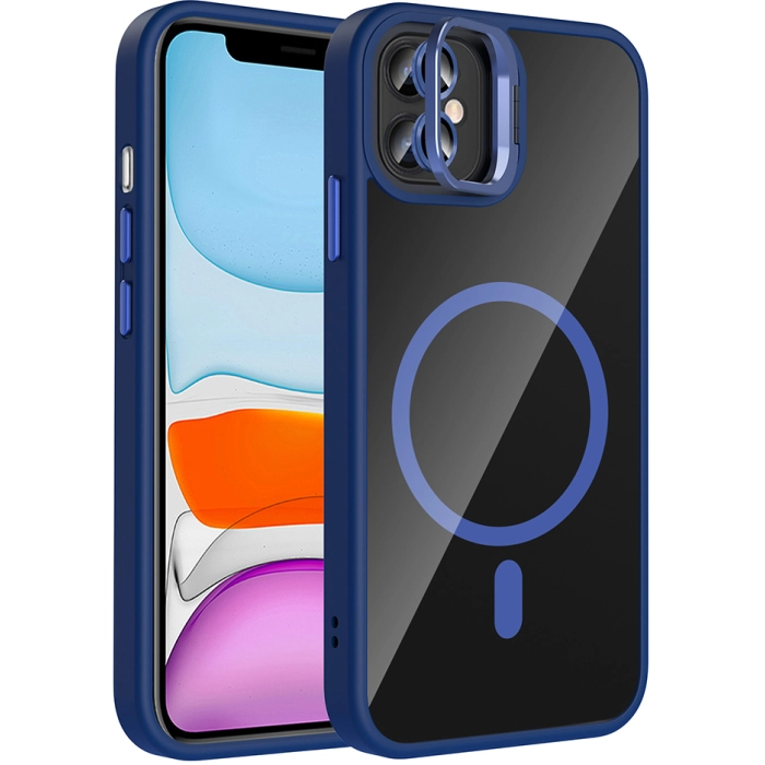 Apple iPhone 11 Kılıf Standlı ve Kamera Lens Hediyeli M-Safe Şarj Özellikli Etro Kapak - Lacivert