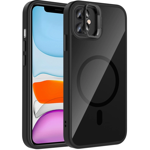 Apple iPhone 11 Kılıf Standlı ve Kamera Lens Hediyeli M-Safe Şarj Özellikli Etro Kapak - Siyah