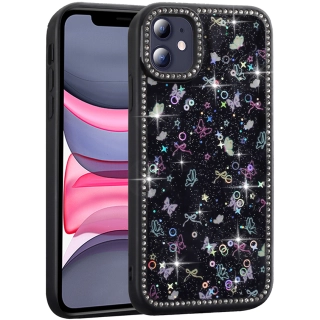 Apple iPhone 11 Kılıf Taşlı ve Simli Tasarım Lux Işıltılı Azra Kapak - Siyah