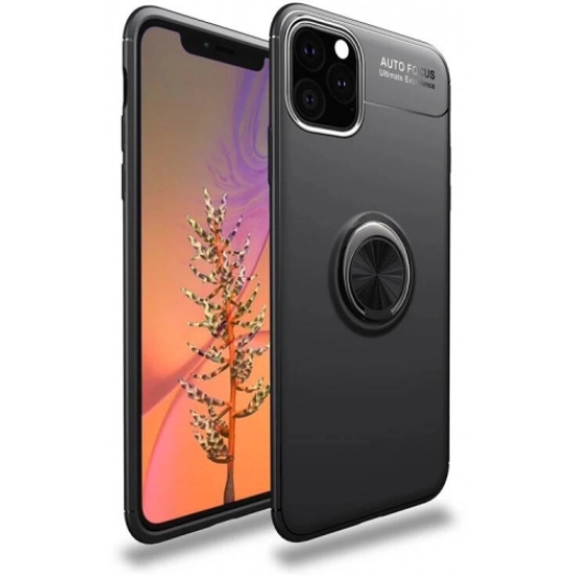 Apple iPhone 11 Pro Kılıf Renkli Silikon Yüzüklü Standlı Auto Focus Ravel Kapak - Siyah