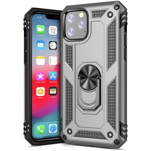 Apple iPhone 11 Pro Kılıf Silikon Zırhlı Standlı Yüzüklü Mıknatıslı Tank Kapak - Gümüş