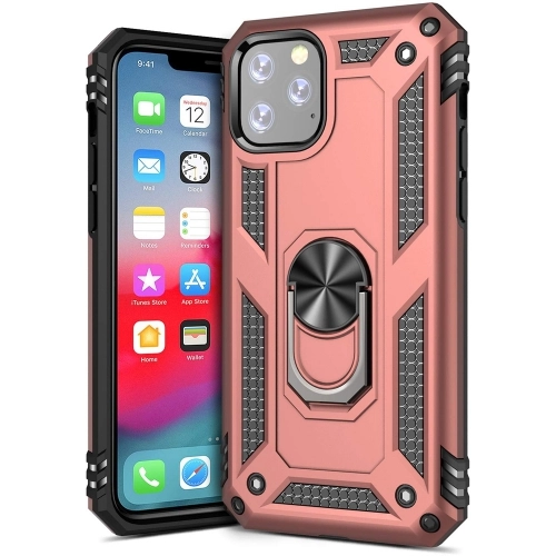 Apple iPhone 11 Pro Kılıf Silikon Zırhlı Standlı Yüzüklü Mıknatıslı Tank Kapak - Rose Gold