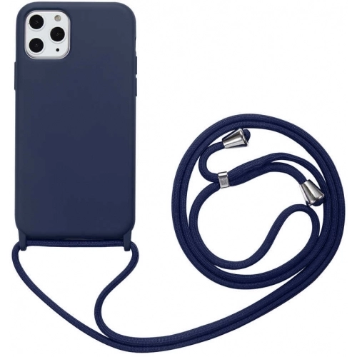 Apple iPhone 11 Pro Max Kılıf Kadife İç Yüzeyli Boyun Askılı Mat Silikon - Lacivert