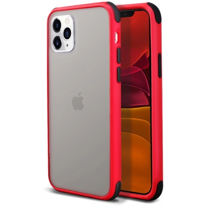 Apple iPhone 11 Pro Max Kılıf Renkli Köşeli Arkası Şeffaf Mat Tiron Kapak - Kırmızı