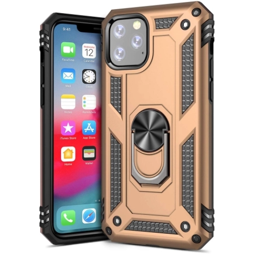 Apple iPhone 11 Pro Max Kılıf Silikon Zırhlı Standlı Yüzüklü Mıknatıslı Tank Kapak - Gold