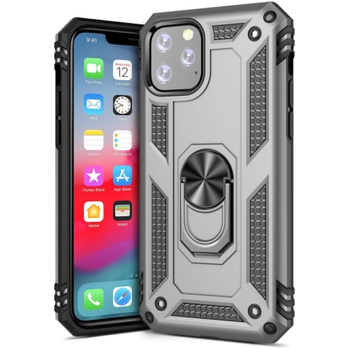 Apple iPhone 11 Pro Max Kılıf Silikon Zırhlı Standlı Yüzüklü Mıknatıslı Tank Kapak - Gümüş