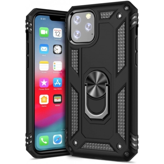 Apple iPhone 11 Pro Max Kılıf Silikon Zırhlı Standlı Yüzüklü Mıknatıslı Tank Kapak - Siyah