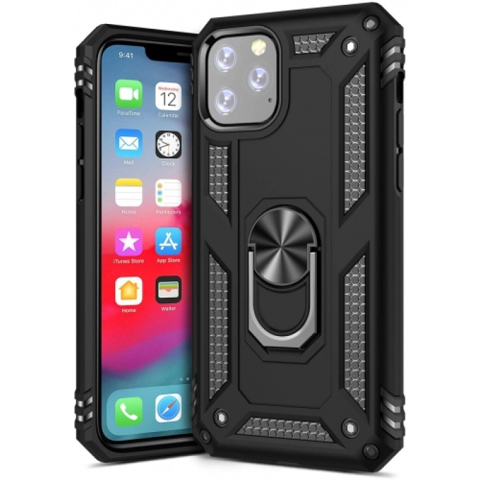 Apple iPhone 11 Pro Max Kılıf Silikon Zırhlı Standlı Yüzüklü Mıknatıslı Tank Kapak - Siyah