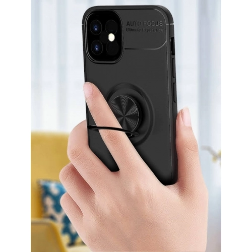 Apple iPhone 12 Mini (5.4) Kılıf Renkli Silikon Yüzüklü Standlı Auto Focus Ravel Kapak - Siyah