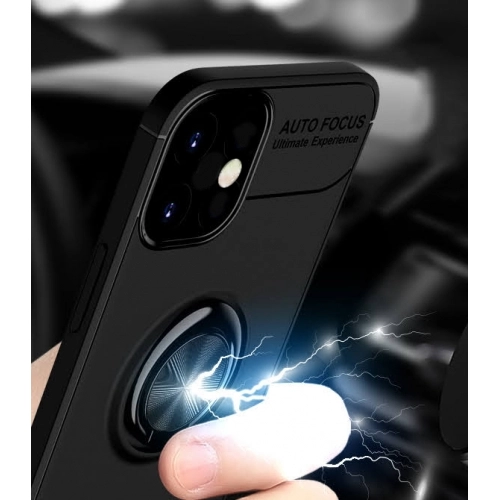 Apple iPhone 12 (6.1) Kılıf Renkli Silikon Yüzüklü Standlı Auto Focus Ravel Kapak - Kırmızı - Siyah