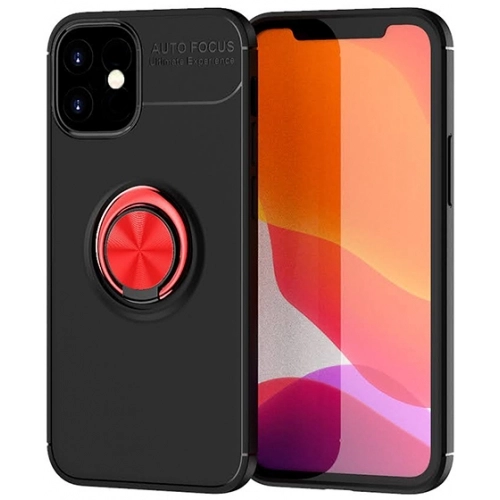 Apple iPhone 12 (6.1) Kılıf Renkli Silikon Yüzüklü Standlı Auto Focus Ravel Kapak - Kırmızı - Siyah
