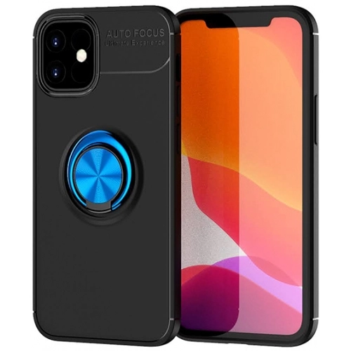 Apple iPhone 12 (6.1) Kılıf Renkli Silikon Yüzüklü Standlı Auto Focus Ravel Kapak - Mavi - Siyah