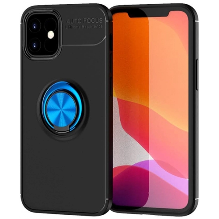 Apple iPhone 12 (6.1) Kılıf Renkli Silikon Yüzüklü Standlı Auto Focus Ravel Kapak - Mavi - Siyah