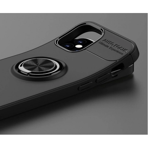 Apple iPhone 12 (6.1) Kılıf Renkli Silikon Yüzüklü Standlı Auto Focus Ravel Kapak - Mavi - Siyah