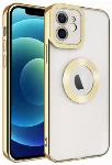 Apple iPhone 12 (6.1) Kılıf Kamera Korumalı Silikon Logo Açık Omega Kapak - Gold