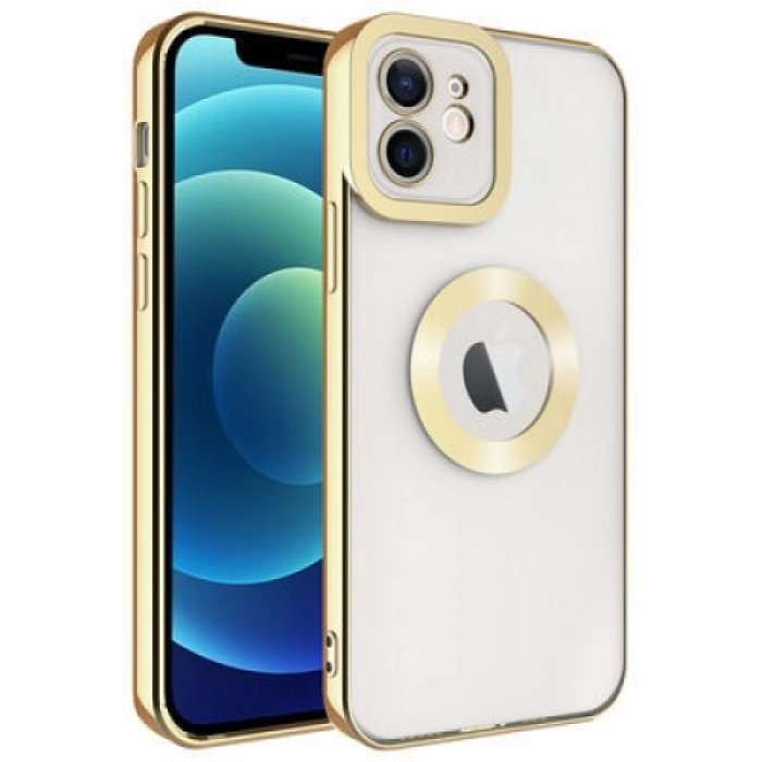 Apple iPhone 12 (6.1) Kılıf Kamera Lens Korumalı Şeffaf Renkli Logo Gösteren Parlak Kapak - Gold