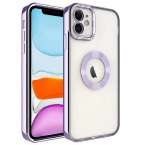 Apple iPhone 12 (6.1) Kılıf Kamera Lens Korumalı Şeffaf Renkli Logo Gösteren Parlak Kapak - Lila