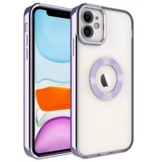Apple iPhone 12 (6.1) Kılıf Kamera Lens Korumalı Şeffaf Renkli Logo Gösteren Parlak Kapak - Lila