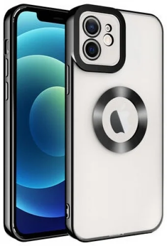 Apple iPhone 12 (6.1) Kılıf Kamera Korumalı Silikon Logo Açık Omega Kapak - Siyah