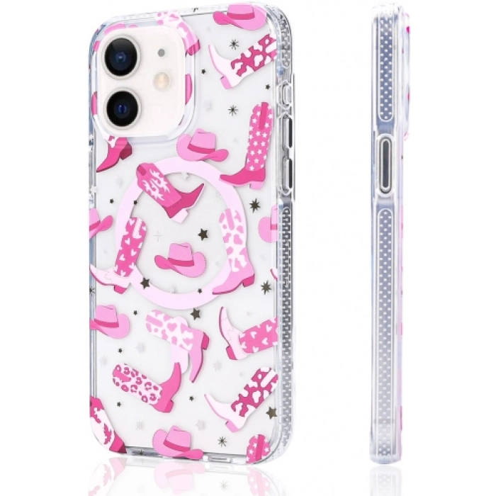 Apple iPhone 12 (6.1) Kılıf Magsafe Kablosuz Şarj Özellikli Desenli Silikon TPU+PC Stilo Kapak - Pembe