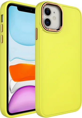 Apple iPhone 12 (6.1) Kılıf Metal Çerçeve ve Buton Tasarımlı Silikon Kapak - Sarı