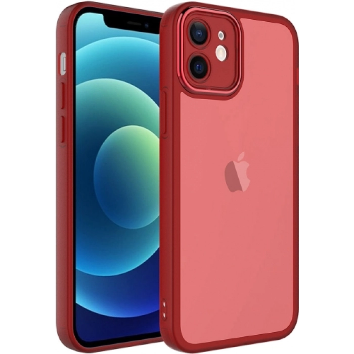 Apple iPhone 12 (6.1) Kılıf Şeffaf Esnek Silikon Kenarları Buzlu Kamera Korumalı Post Kapak - Kırmızı