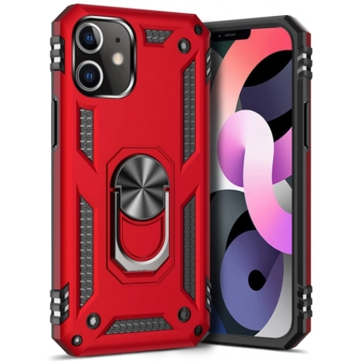 Apple iPhone 12 (6.1) Kılıf Silikon Zırhlı Standlı Yüzüklü Mıknatıslı Tank Kapak - Kırmızı