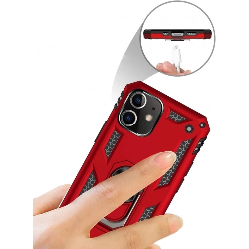 Apple iPhone 12 (6.1) Kılıf Silikon Zırhlı Standlı Yüzüklü Mıknatıslı Tank Kapak - Kırmızı