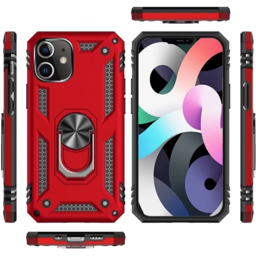 Apple iPhone 12 (6.1) Kılıf Silikon Zırhlı Standlı Yüzüklü Mıknatıslı Tank Kapak - Rose Gold