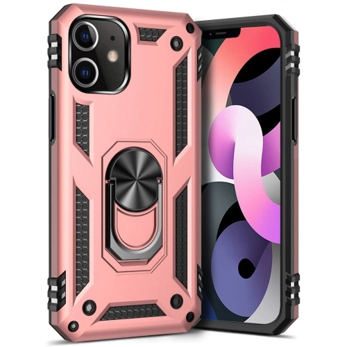 Apple iPhone 12 (6.1) Kılıf Silikon Zırhlı Standlı Yüzüklü Mıknatıslı Tank Kapak - Rose Gold