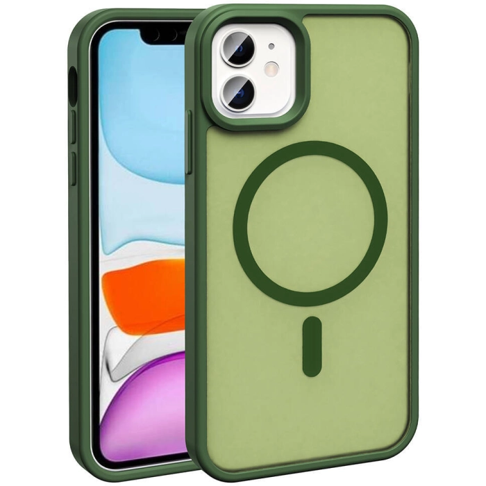 Apple iPhone 12 (6.1) Kılıf Magsafe Şarj Özellikli Renkli Mat Arka Yüzey Sio Kapak - Koyu Yeşil