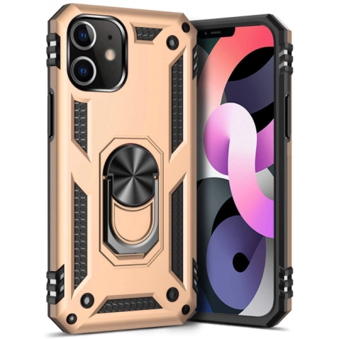 Apple iPhone 12 Mini (5.4) Kılıf Silikon Zırhlı Standlı Yüzüklü Mıknatıslı Tank Kapak - Gold