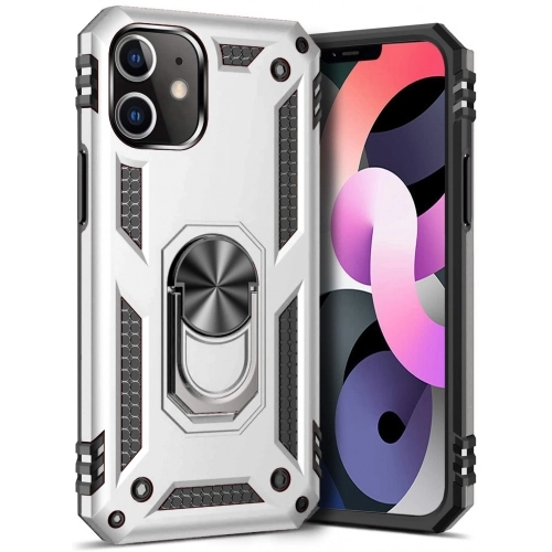 Apple iPhone 12 Mini (5.4) Kılıf Silikon Zırhlı Standlı Yüzüklü Mıknatıslı Tank Kapak - Gümüş