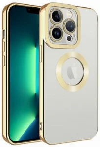 Apple iPhone 12 Pro (6.1) Kılıf Kamera Korumalı Silikon Logo Açık Omega Kapak - Gold