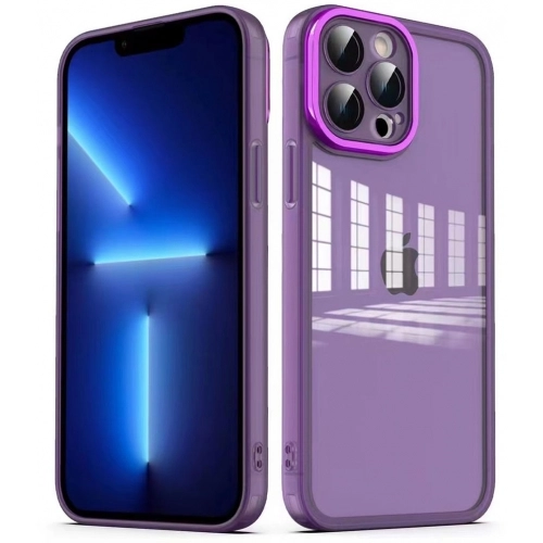 Apple iPhone 12 Pro (6.1) Kılıf Şeffaf Esnek Silikon Kenarları Buzlu Kamera Korumalı Post Kapak - Derin Mor