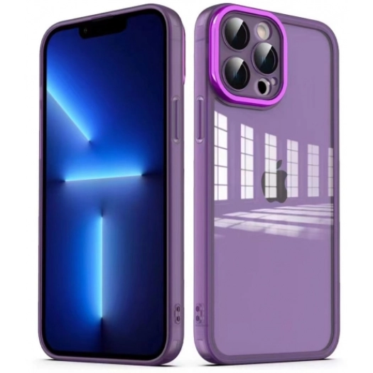 Apple iPhone 12 Pro (6.1) Kılıf Şeffaf Esnek Silikon Kenarları Buzlu Kamera Korumalı Post Kapak - Derin Mor