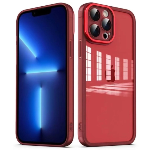 Apple iPhone 12 Pro (6.1) Kılıf Şeffaf Esnek Silikon Kenarları Buzlu Kamera Korumalı Post Kapak - Kırmızı