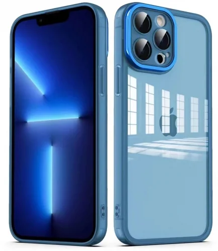 Apple iPhone 12 Pro (6.1) Kılıf Şeffaf Esnek Silikon Kenarları Buzlu Kamera Korumalı Post Kapak - Mavi
