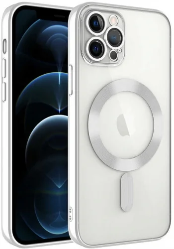Apple iPhone 12 Pro Max (6.7) Kılıf Kamera Korumalı Şeffaf Magsafe Wireless Şarj Özellikli Demre Kapak - Gümüş