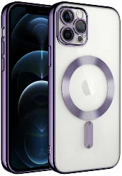 Apple iPhone 12 Pro Max (6.7) Kılıf Kamera Korumalı Şeffaf Magsafe Wireless Şarj Özellikli Demre Kapak - Koyu Mor