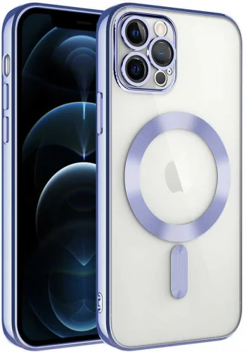 Apple iPhone 12 Pro Max (6.7) Kılıf Kamera Korumalı Şeffaf Magsafe Wireless Şarj Özellikli Demre Kapak - Lila