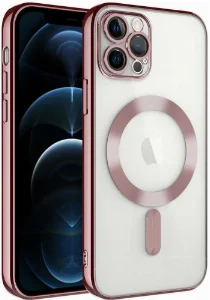 Apple iPhone 12 Pro Max (6.7) Kılıf Kamera Korumalı Şeffaf Magsafe Wireless Şarj Özellikli Demre Kapak - Rose Gold