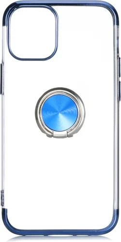 Apple iPhone 12 Pro Max (6.7) Kılıf Renkli Köşeli Yüzüklü Standlı Lazer Şeffaf Esnek Silikon - Mavi