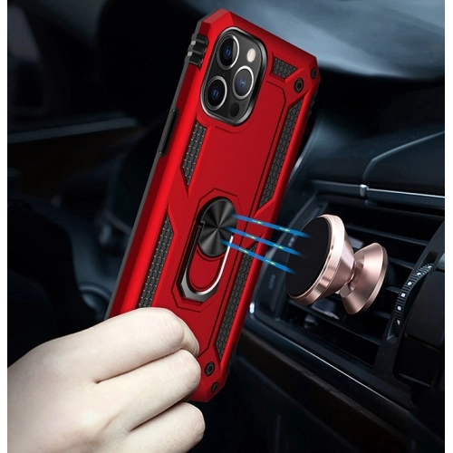 Apple iPhone 12 Pro Max (6.7) Kılıf Silikon Zırhlı Standlı Yüzüklü Mıknatıslı Tank Kapak - Kırmızı