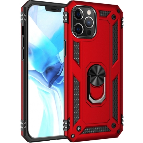 Apple iPhone 12 Pro Max (6.7) Kılıf Silikon Zırhlı Standlı Yüzüklü Mıknatıslı Tank Kapak - Kırmızı