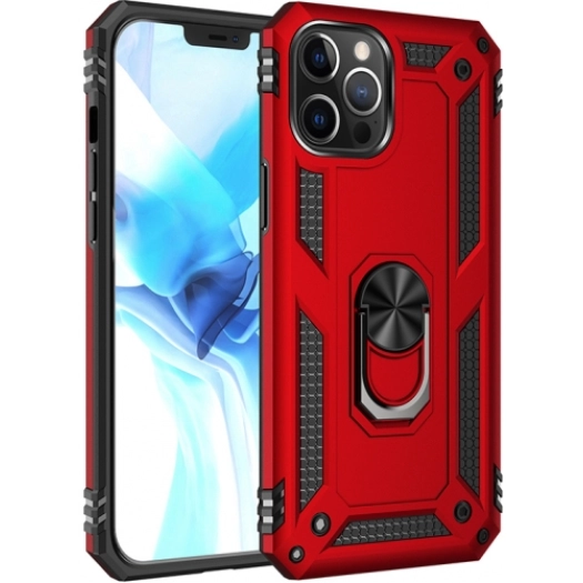 Apple iPhone 12 Pro Max (6.7) Kılıf Silikon Zırhlı Standlı Yüzüklü Mıknatıslı Tank Kapak - Kırmızı