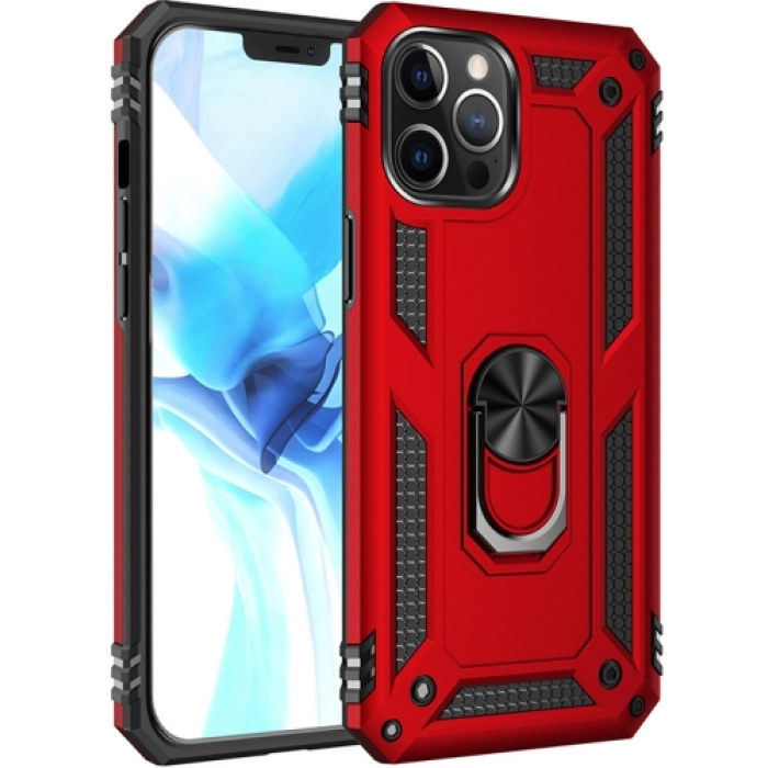 Apple iPhone 12 Pro Max (6.7) Kılıf Silikon Zırhlı Standlı Yüzüklü Mıknatıslı Tank Kapak - Kırmızı