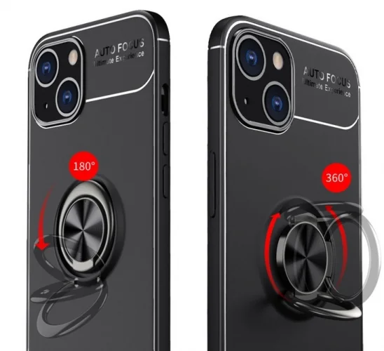 Apple iPhone 13 (6.1) Kılıf Auto Focus Serisi Soft Premium Standlı Yüzüklü Kapak - Kırmızı Siyah