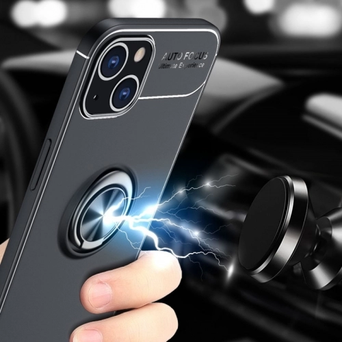 Apple iPhone 13 (6.1) Kılıf Renkli Silikon Yüzüklü Standlı Auto Focus Ravel Kapak - Mavi - Siyah
